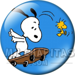 Chapa de Snoopy: Snoopy en monopatín con Emilio (Woodstock)