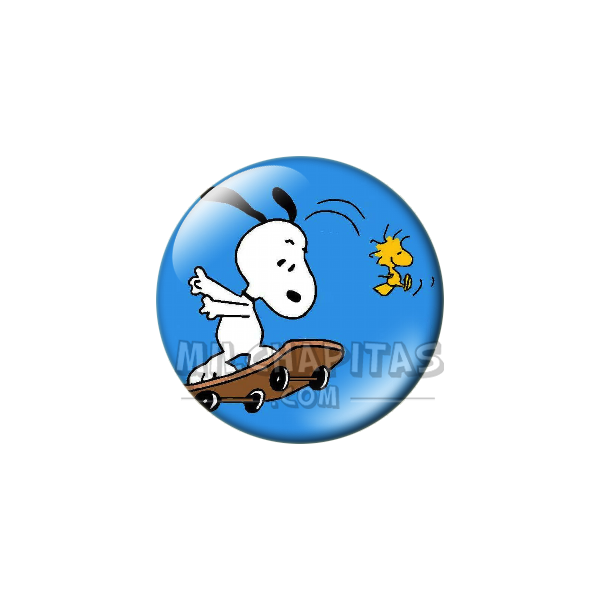 Chapa de Snoopy: Snoopy en monopatín con Emilio (Woodstock)