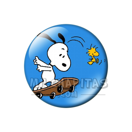 Chapa de Snoopy: Snoopy en monopatín con Emilio (Woodstock)
