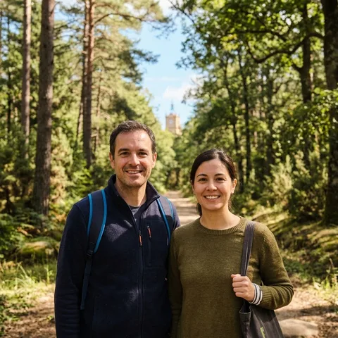 Foto original de una pareja en un camino del bosque